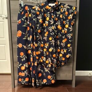 NWT LOFT Orange Print 2 Piece Set, Wide Leg Cropped Pants with Button Up Blouse